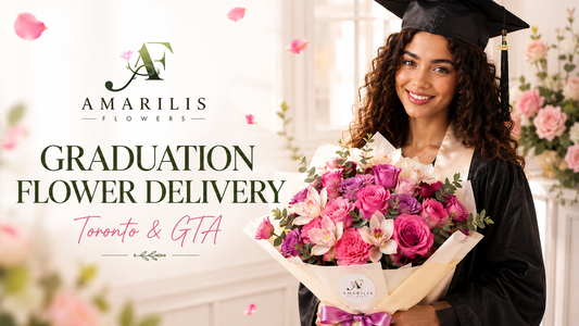 Graduation Flower Delivery Toronto & GTA by Amarilis Flowers featuring a graduate holding a luxury bouquet of roses, orchids and premium blooms.