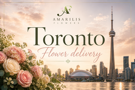 Toronto flower delivery blog banner with Amarilis Flowers logo and CN Tower skyline