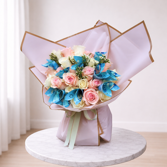 Gilded Petals 24 rose money bouquet in Toronto with pink and white roses and blue Canadian bills