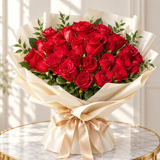 30 red roses with fresh greenery, ivory wrapping and a champagne bow on a marble table