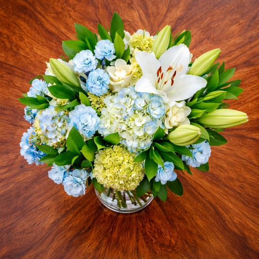 Same day flower delivery Richmond Hill blue and white floral arrangement