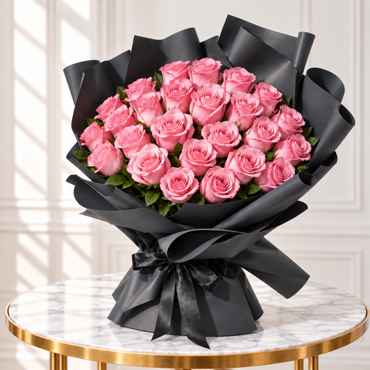Left-side view of pink roses showing the folded black wrapping and satin bow