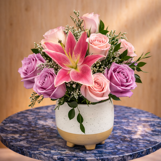 Side angle view of Porcelain Whisper elegant flower bouquet designed for same day flower delivery Mississauga
