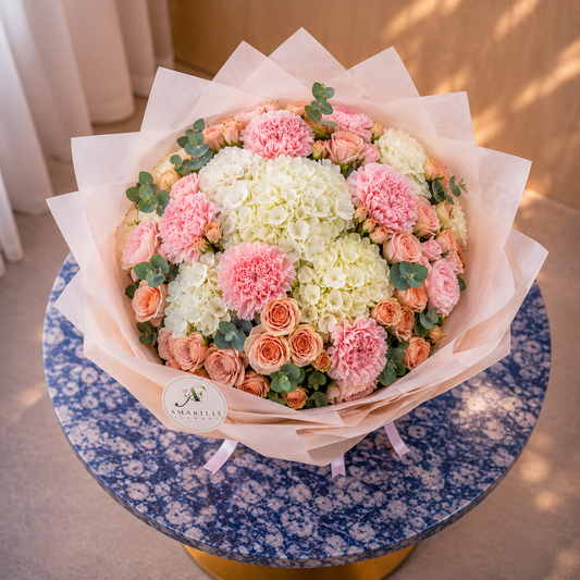 Same day flower delivery Toronto GTA pink and ivory birthday bouquet.