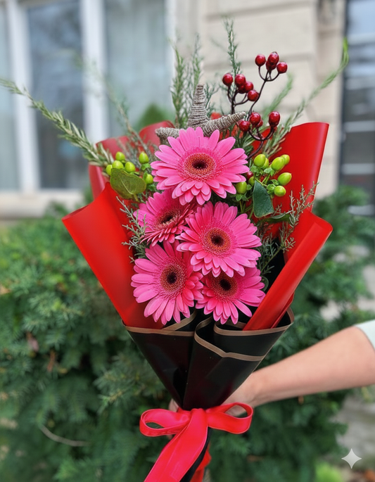 Arctic Cheer bouquet variation with red gerberas – same day flower delivery