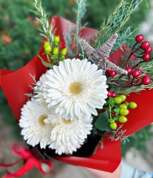 Arctic Cheer white gerberas and winter greenery bouquet – Toronto flower delivery
