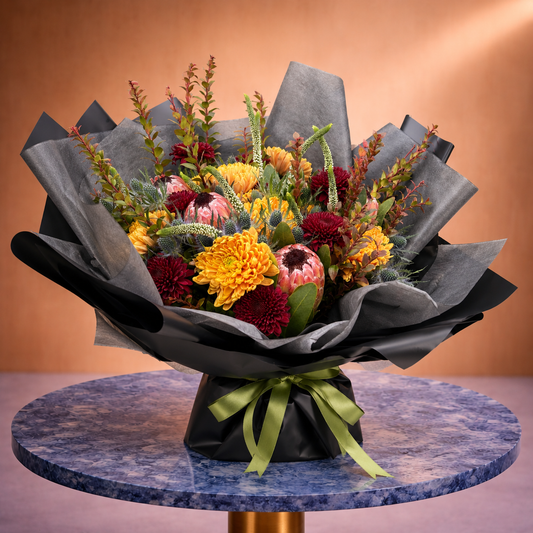 Birthday flower delivery Toronto luxury bouquet with proteas and chrysanthemums