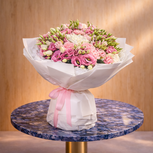1. Top view of the Blush Symphony bouquet featuring pink roses and assorted luxury blooms