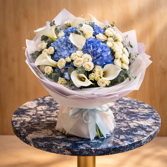 blue and white floral bouquet with same day flower delivery Toronto GTA