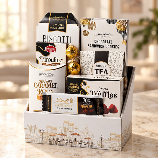 Golden Moments chocolate gift basket with Lindt, truffles, biscotti, cookies and green tea in a white-and-gold box on marble.