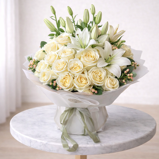 Cream rose bouquet Toronto with white lilies – The Alabaster Grace Bouquet