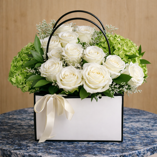 Same day flower delivery Toronto GTA bouquet with white oses and green hydrangea