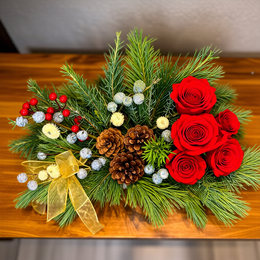 Crimson Hearth holiday floral arrangement with red roses and pine greens