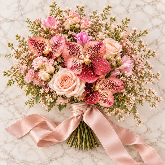 Top view of a custom bridal bouquet with pink phalaenopsis orchids, blush roses and satin ribbon