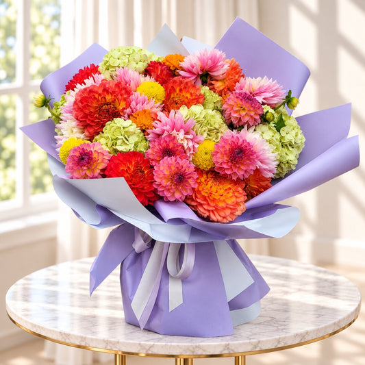 Dahlia bouquet delivery with colourful blooms and hydrangeas by Amarilis Flowers