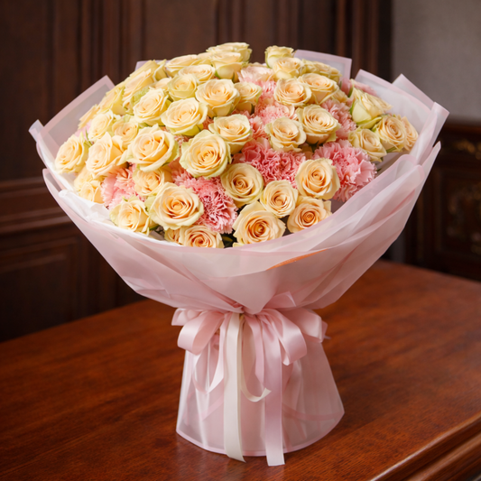 same day flower delivery Toronto GTA beige and pink bouquet