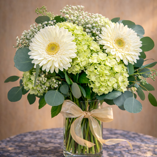 elegant white gerbera hydrangea bouquet Toronto florist Amarilis Flowers