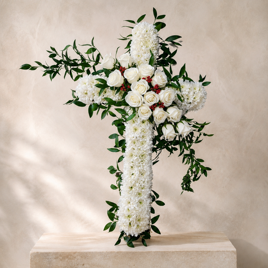 Eternal Grace white rose floral cross for funeral and memorial services in Toronto