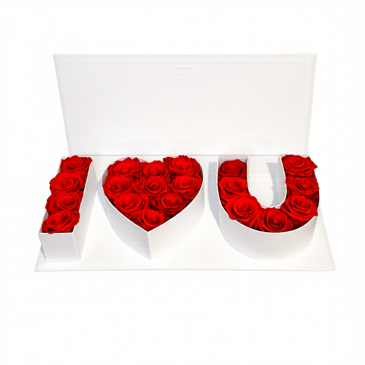 Preserved roses arranged in LOVE shape gift box