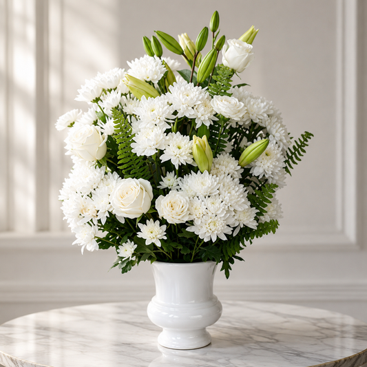 Funeral Flowers Toronto luxury white funeral flower arrangement by Amarilis Flowers with same day delivery in Toronto and Mississauga.
