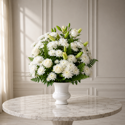Elegant Funeral Flowers Toronto arrangement handcrafted with premium white flowers for funeral and memorial services.