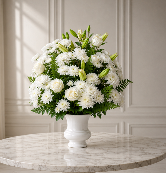 Elegant Funeral Flowers Toronto arrangement handcrafted with premium white flowers for funeral and memorial services.