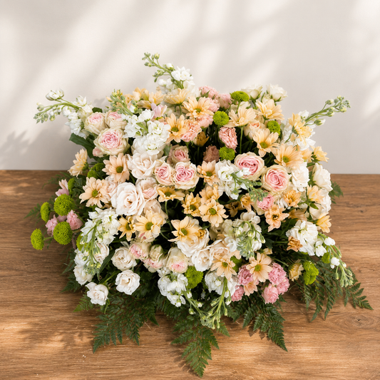 Gentle Farewell condolence flower basket for Toronto delivery, showing its rounded pastel floral display.