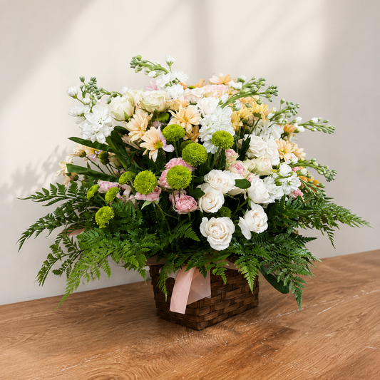 Side view of Gentle Farewell showing white and pale yellow blooms, fern and the woven basket.