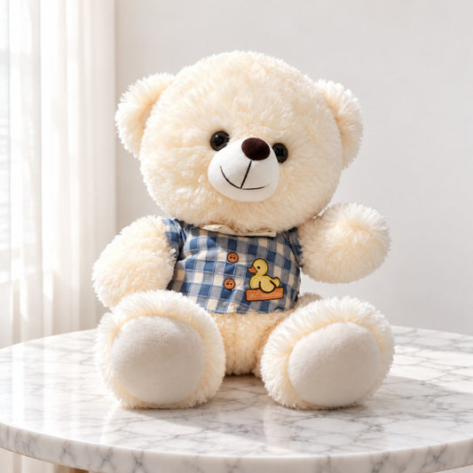 Cream get well teddy bear wearing a blue checked vest and bow tie, available with flower delivery in Toronto
