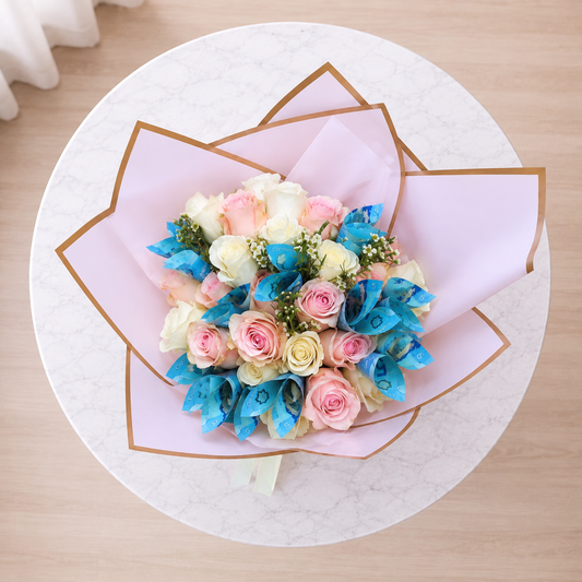 Top view of Gilded Petals money rose bouquet with 24 pink and white roses and blush wrapping