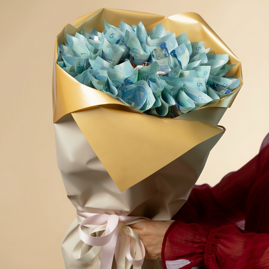Luxury money bouquet in Toronto wrapped in elegant blue and gold tones
