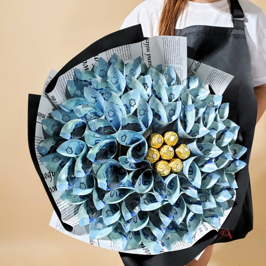 Close-up of a custom money bouquet arranged with elegance