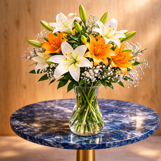 Golden Aspect Lilies bouquet with white and yellow lilies in a glass vase