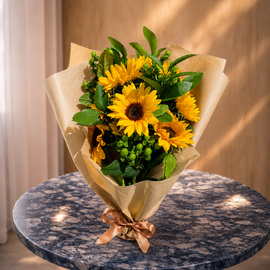 Golden Glow sunflower bouquet with yellow blooms and kraft wrapping for flower delivery in Toronto