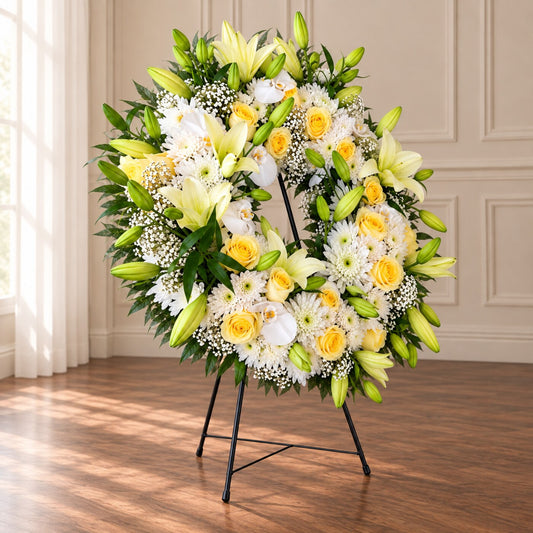 Standing memorial wreath arranged with yellow roses, white lilies, chrysanthemums and greenery