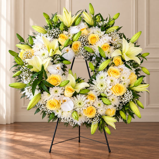 Yellow funeral wreath with roses, white lilies and orchids displayed on a standing easel