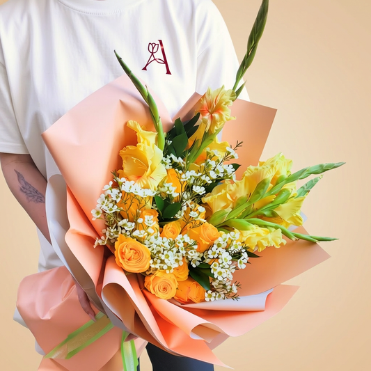 Tall floral arrangement with yellow roses and gladiolus stems
