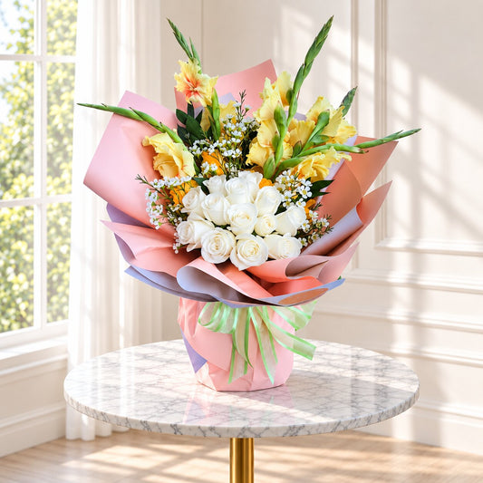 White rose and yellow gladiolus bouquet by Amarilis Flowers