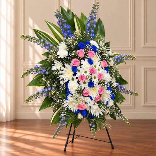Pink and white sympathy flowers with blue accents arranged for a funeral or memorial service
