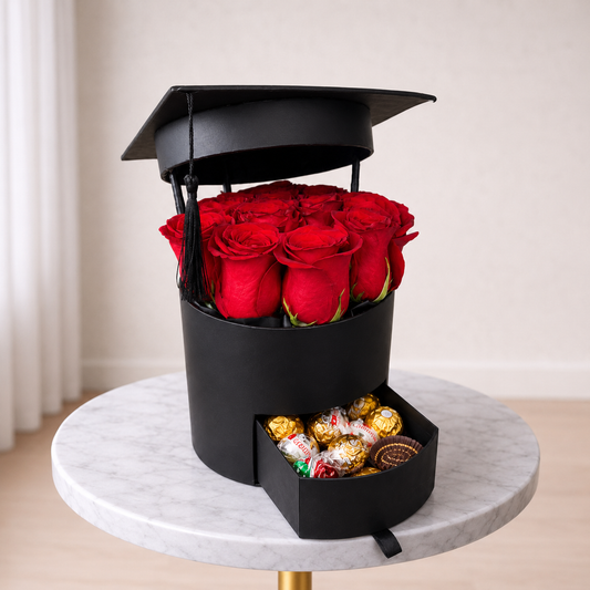 Graduation Rose Box Arrangement featuring premium chocolates and red roses
