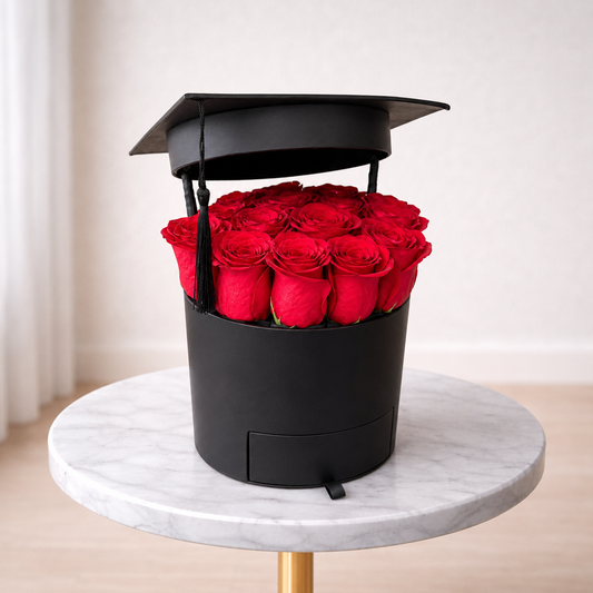 Luxury Graduation Rose Box Arrangement with premium red roses in graduation cap hat box
