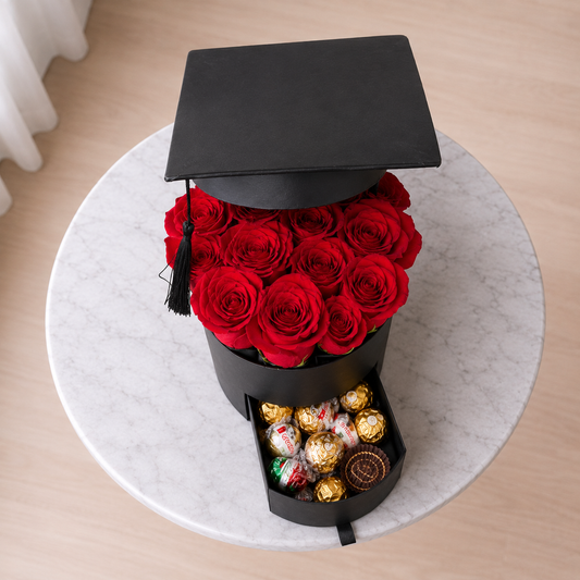 Top view of Graduation Rose Box Arrangement luxury graduation flowers