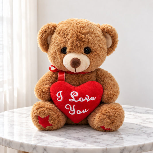 Brown I Love You bear holding a red embroidered heart, available with romantic flower delivery in Toronto