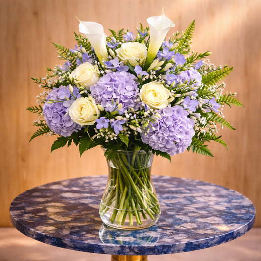 Elegant white and lavender floral arrangement