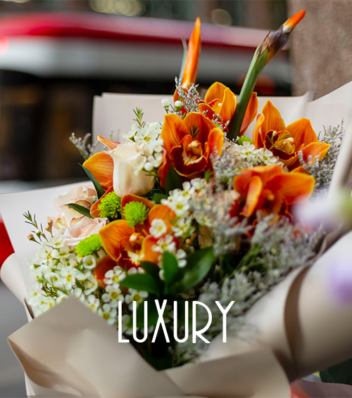Luxury floral arrangement with orange orchids and premium seasonal flowers