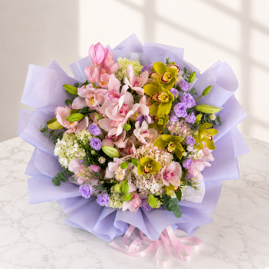 Top view of a luxury orchid bouquet with hydrangeas, lilies and premium orchids by Amarilis Flowers Toronto.