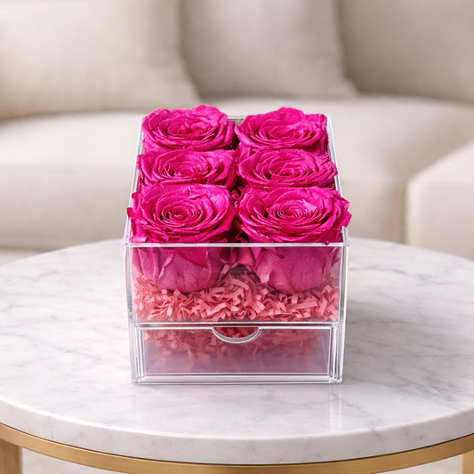 Luxury preserved roses box displayed on table in modern living room
