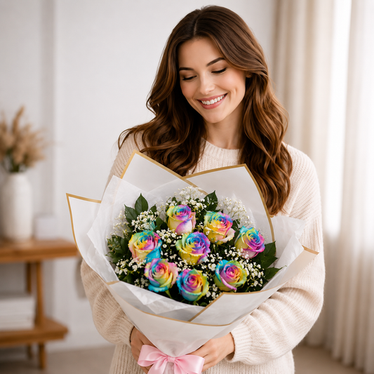 Lifestyle image showcasing the Luxury Rainbow Roses Bouquet as a premium floral gift from Amarilis Flowers.