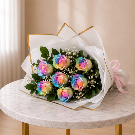 Luxury Rainbow Roses Bouquet featuring premium multicolored roses arranged with elegant wrapping by Amarilis Flowers.