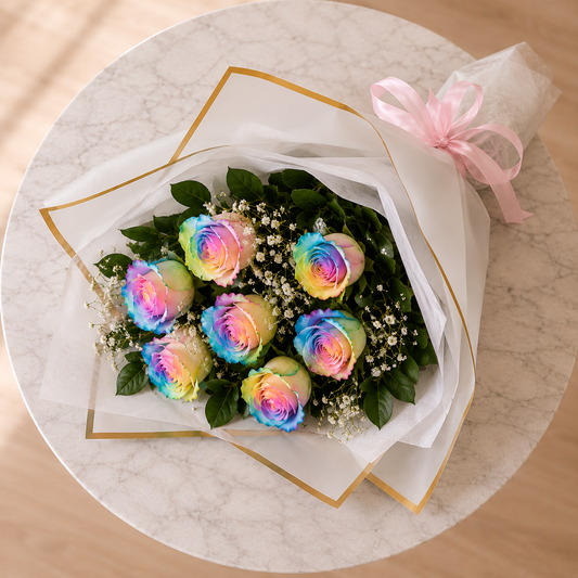 Top view of a Luxury Rainbow Roses Bouquet with premium rainbow roses and elegant floral wrapping.